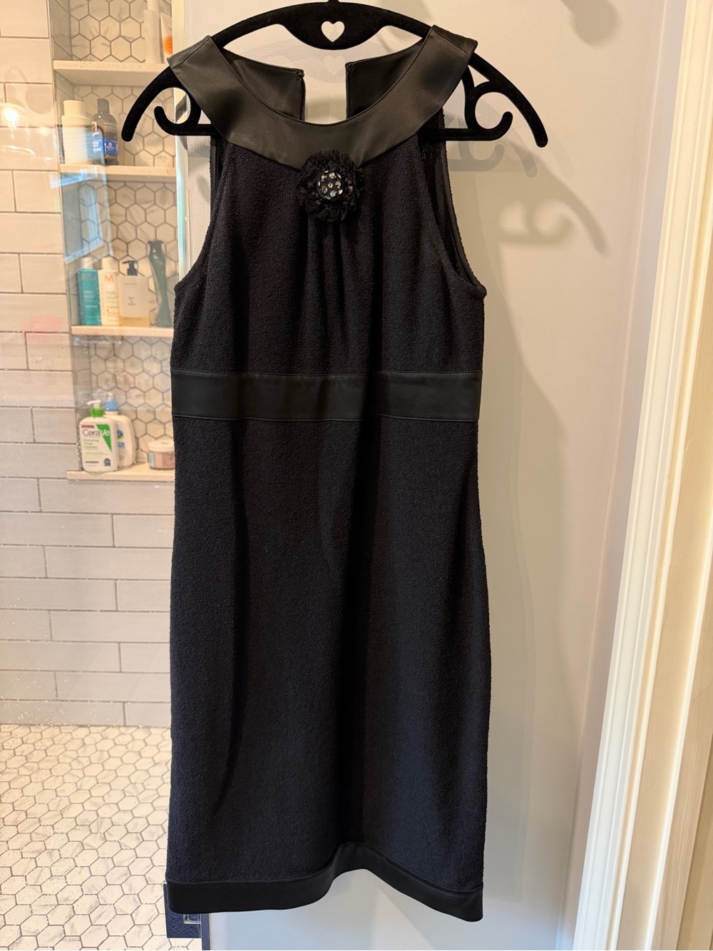 St. John Classic Black Sleeveless Shift Dress with Embellished Neckline